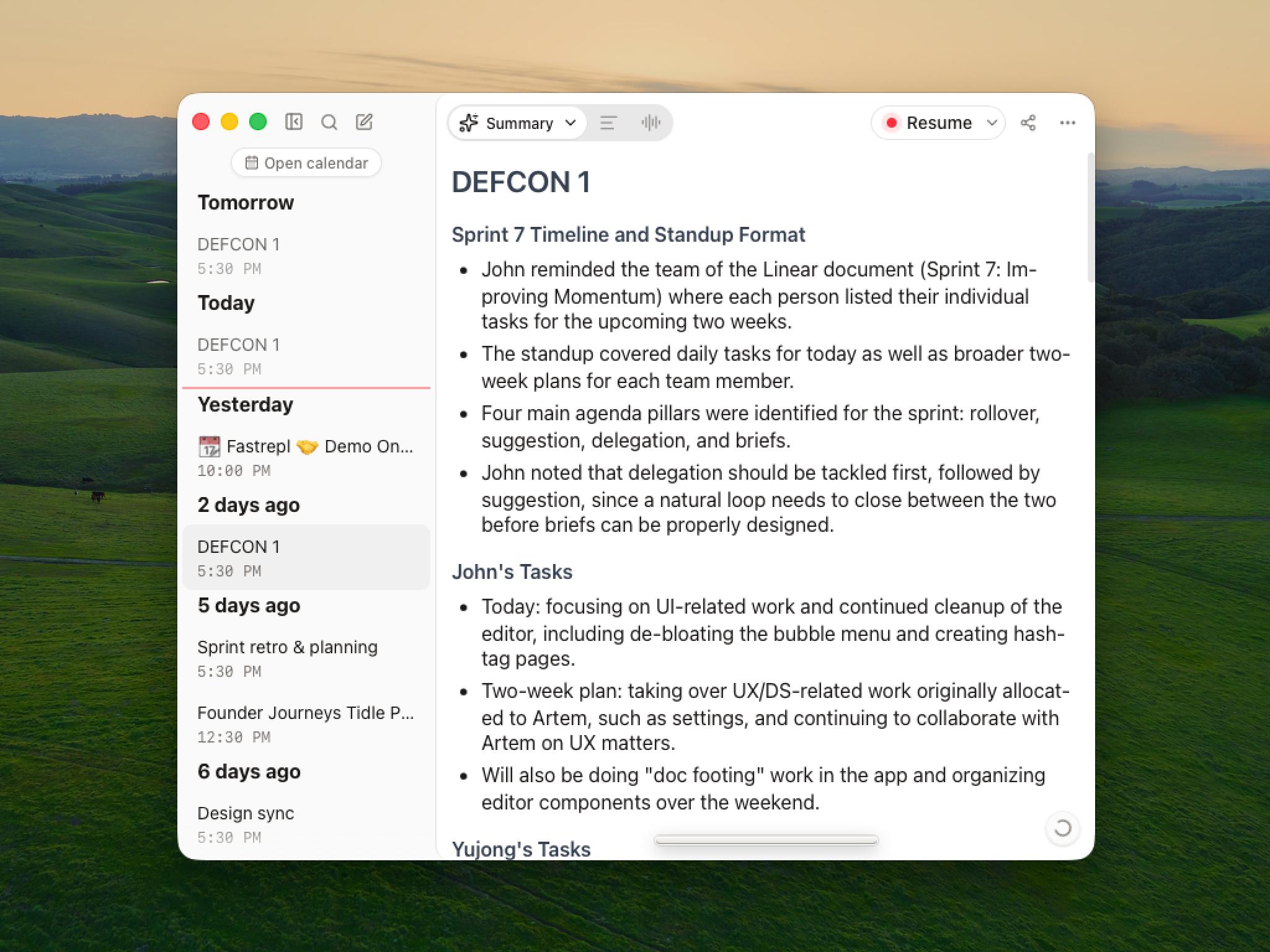 Current Anarlog meeting summary with recent meetings in the sidebar