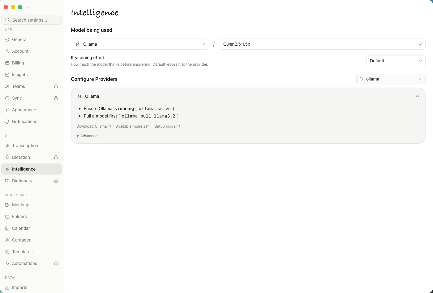 Anarlog Intelligence settings selecting Ollama Qwen2.5 1.5b