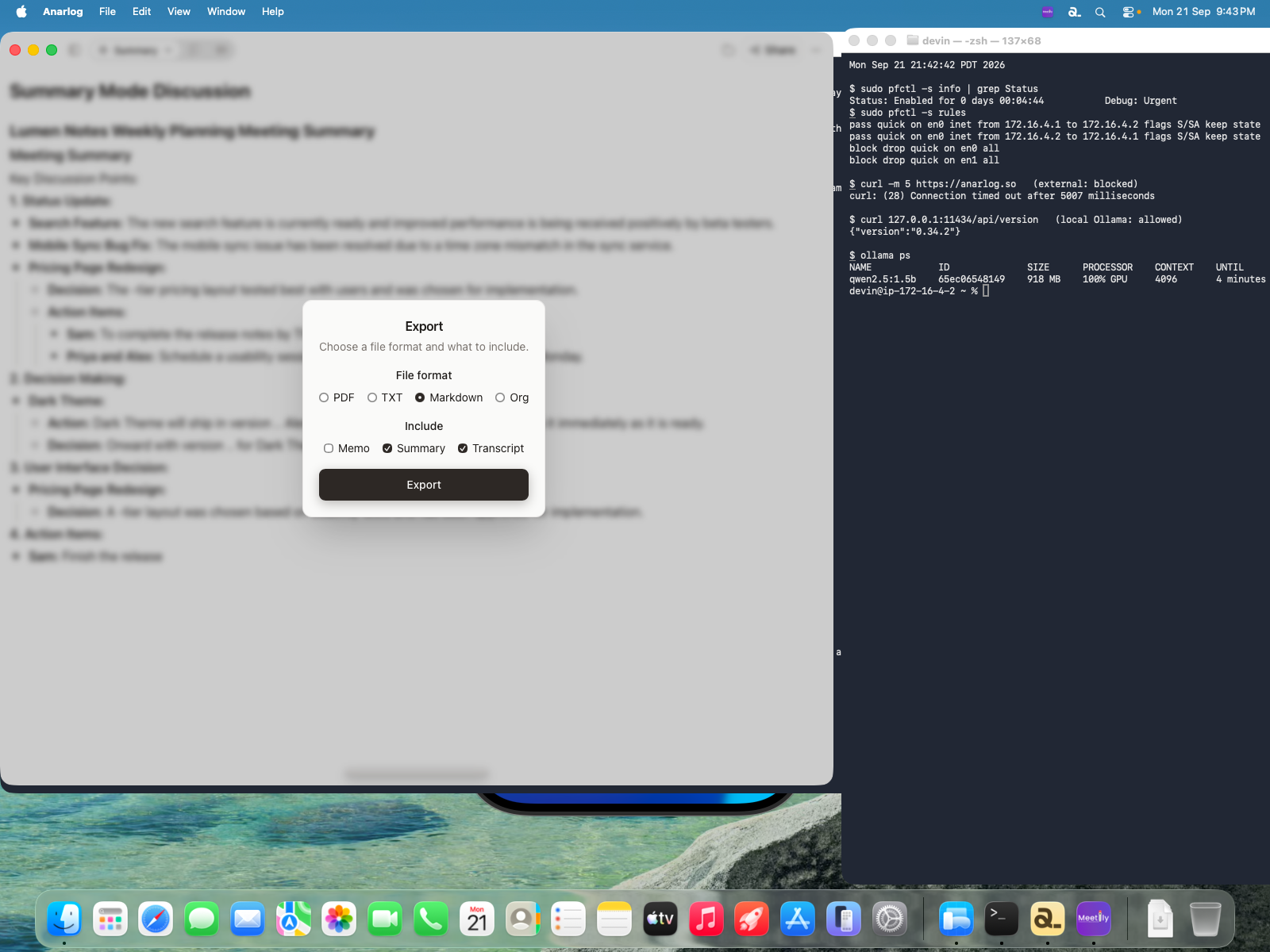 Anarlog export dialog selecting Markdown with summary and transcript