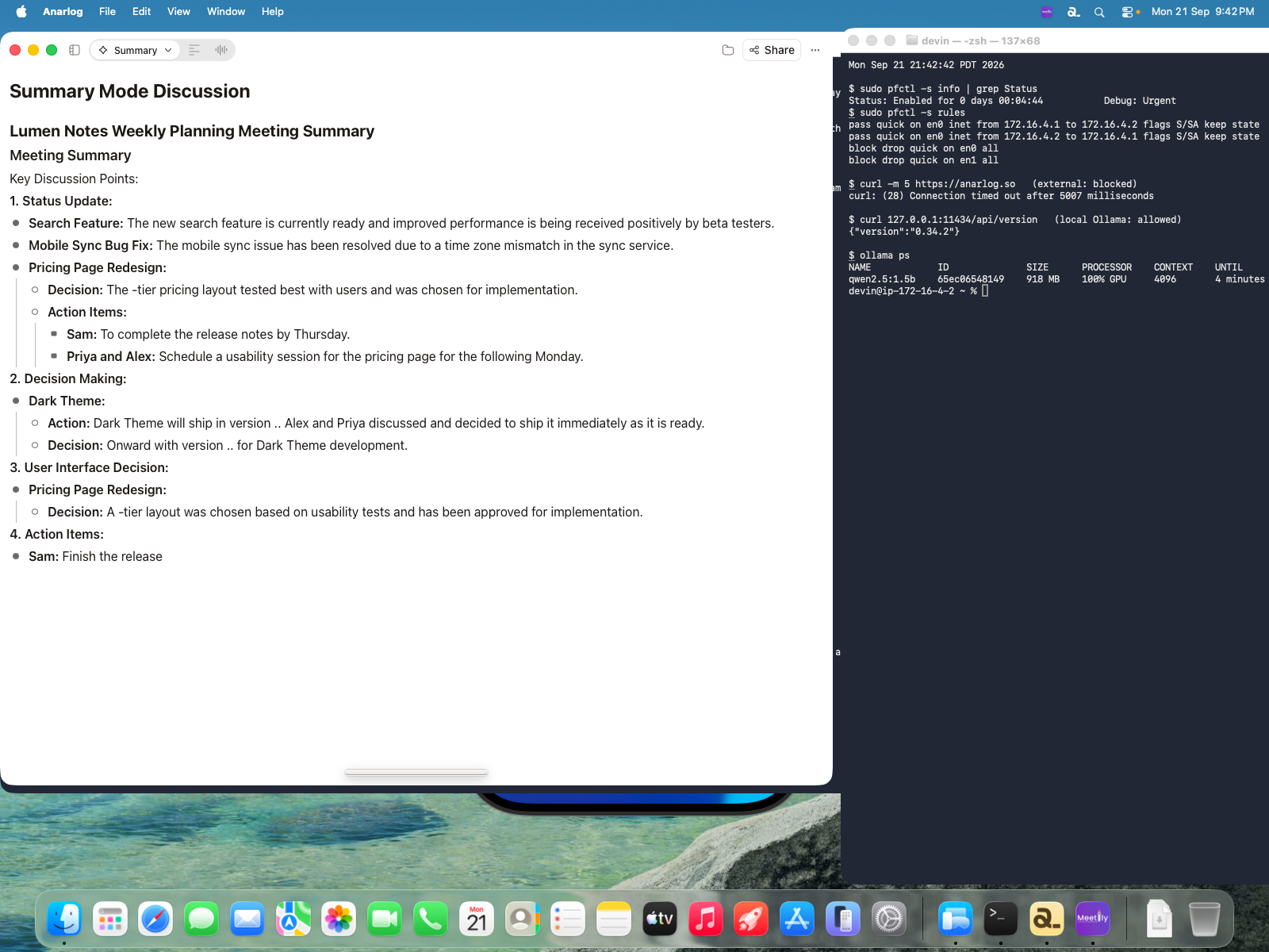 Anarlog completed local summary beside terminal evidence of blocked external traffic