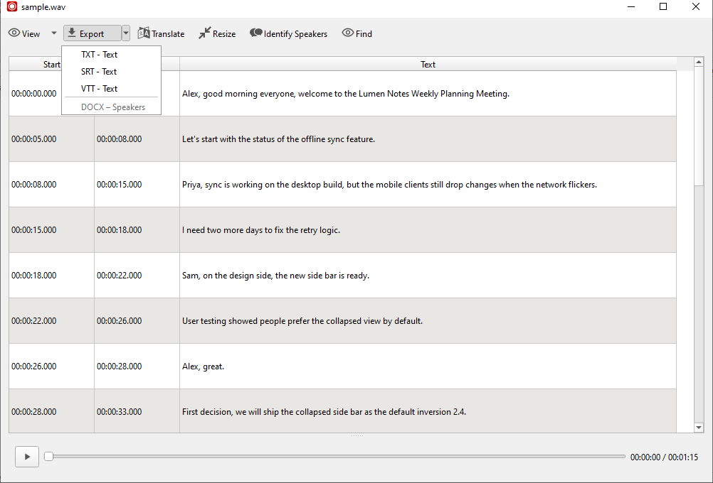 Buzz completed transcript with TXT and SRT export choices