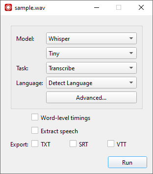 Buzz import dialog selecting local Whisper Tiny for a WAV file