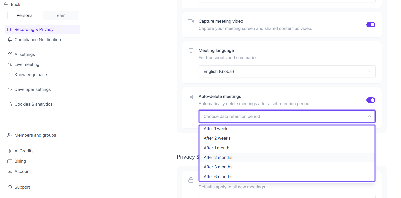 Fireflies auto-delete meeting setting with retention period choices