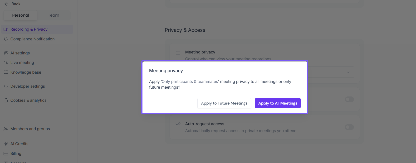Fireflies options for applying privacy changes to past or future meetings