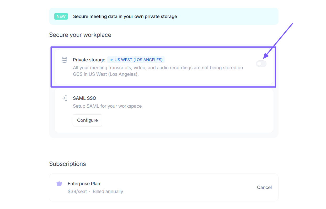 Fireflies Private Storage settings with storage-provider choices