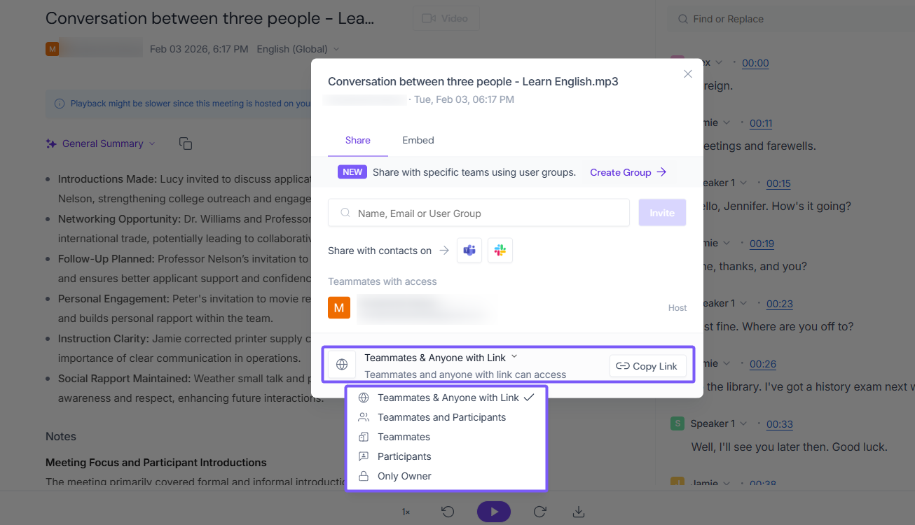 Fireflies recap sharing options showing audience choices