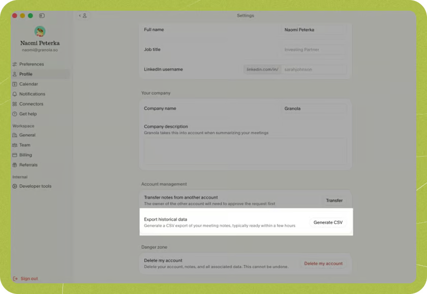 Granola profile controls for generating a CSV export