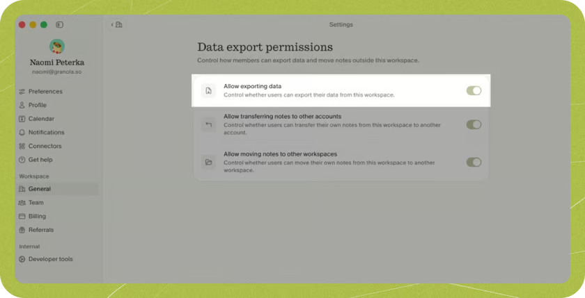 Granola workspace control for allowing members to export notes