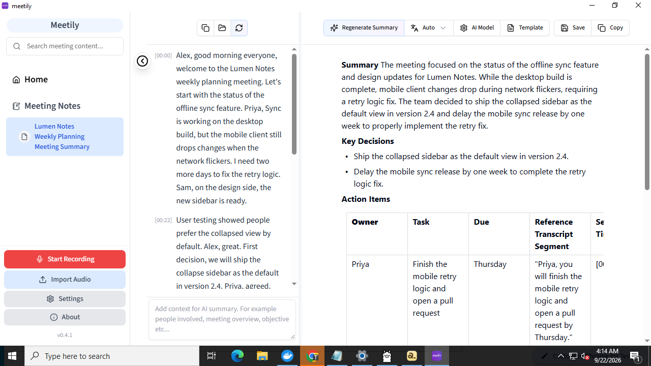 Meetily Community with a synthetic transcript and a completed local summary