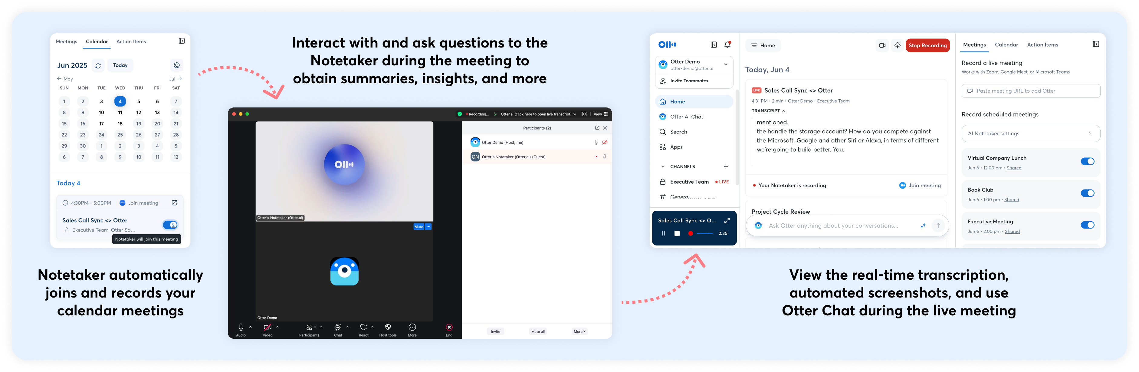 Otter official illustration of calendar joining, a visible meeting guest, and the transcript workspace