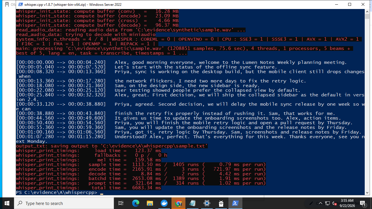 whisper.cpp terminal showing completed transcription and saved text output