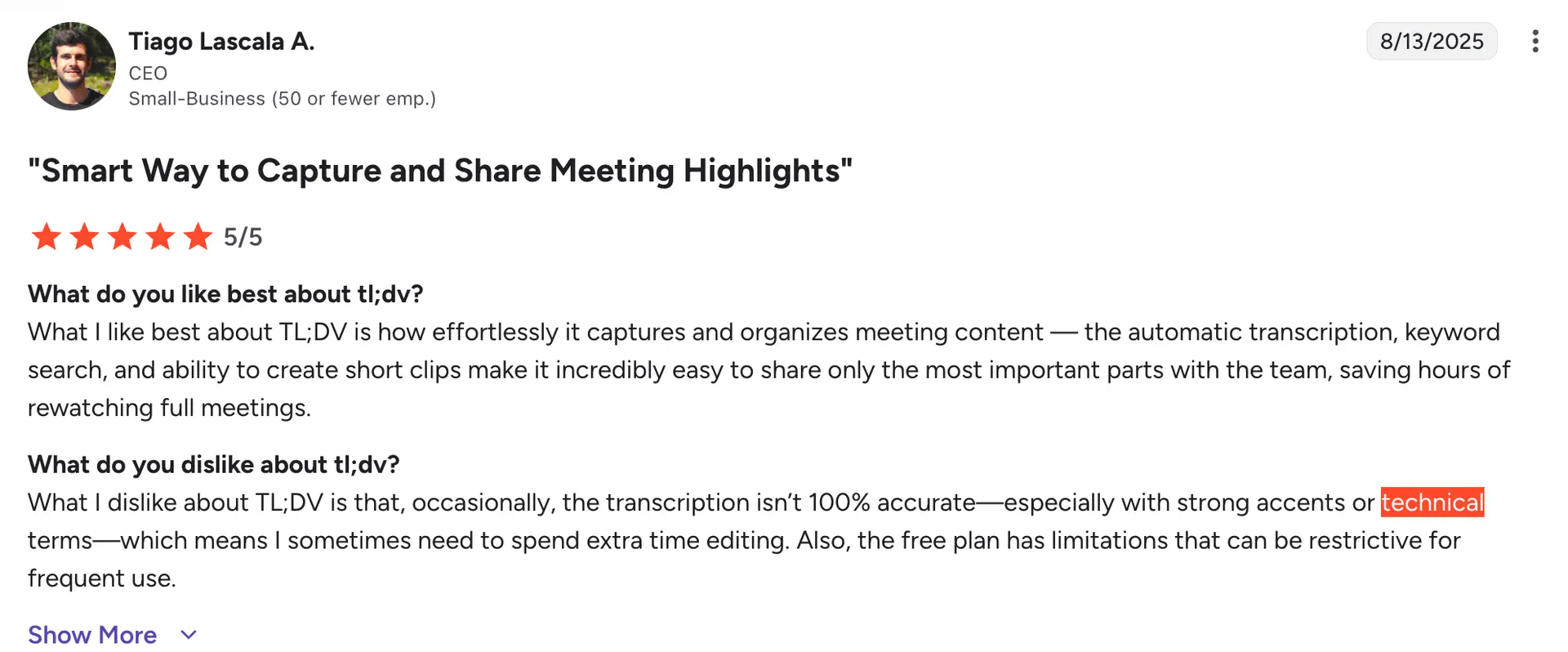 tl;dv real-time transcription interface